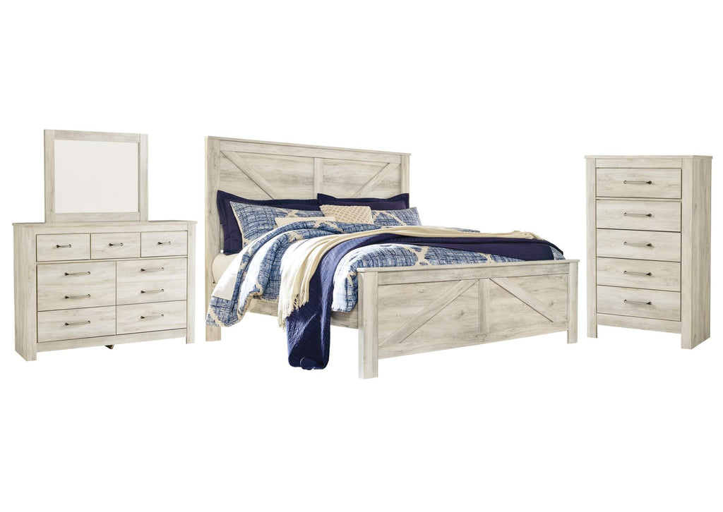 Bellaby King Crossbuck Panel Bed with Mirrored Dresser and Chest