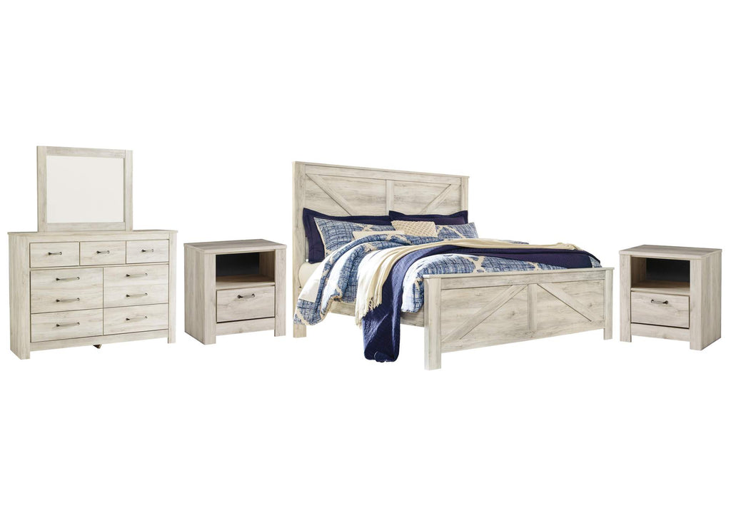 Bellaby King Crossbuck Panel Bed with Mirrored Dresser and 2 Nightstands