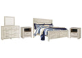 Bellaby King Crossbuck Panel Bed with Mirrored Dresser and 2 Nightstands