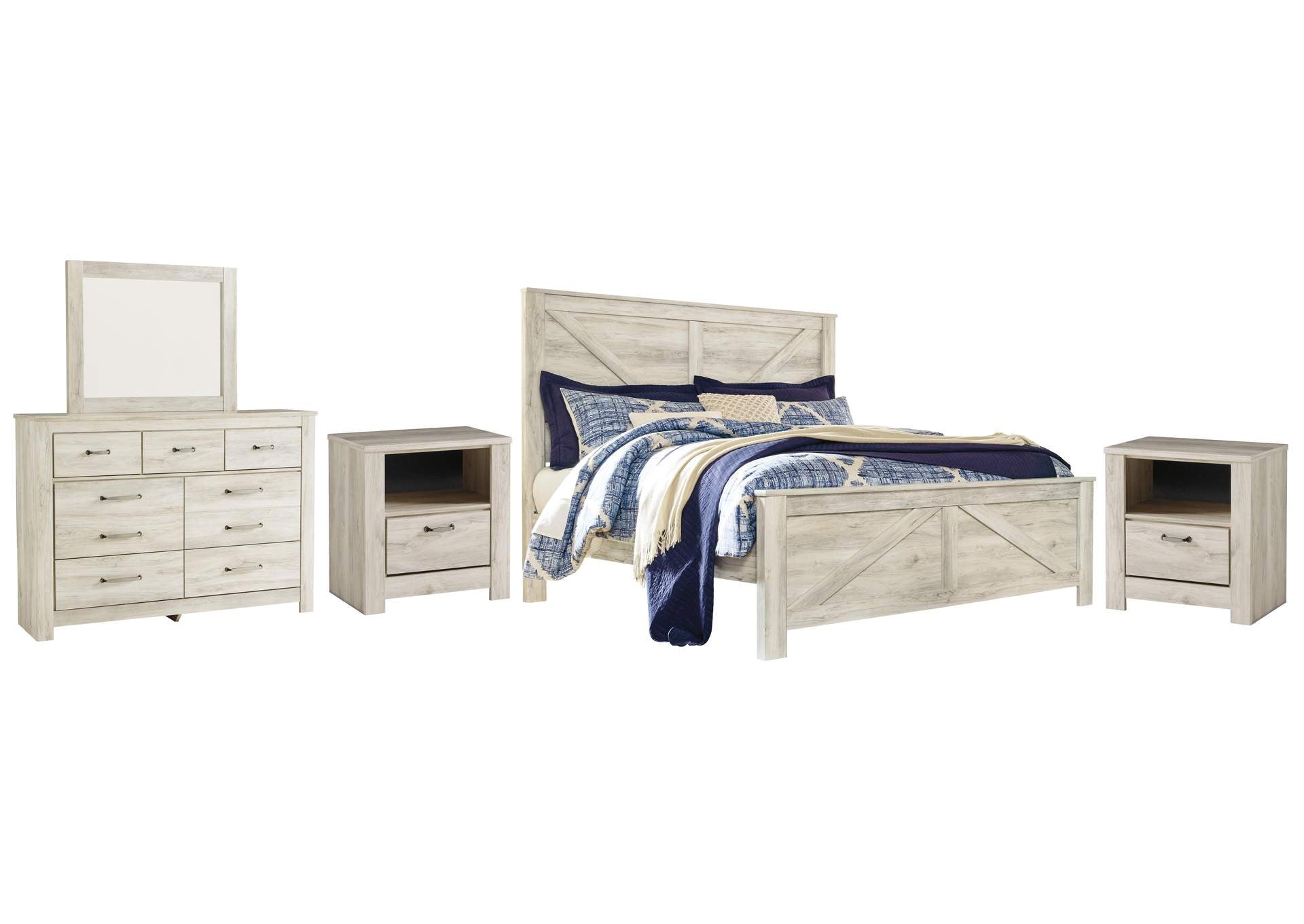 Bellaby King Crossbuck Panel Bed with Mirrored Dresser and 2 Nightstands