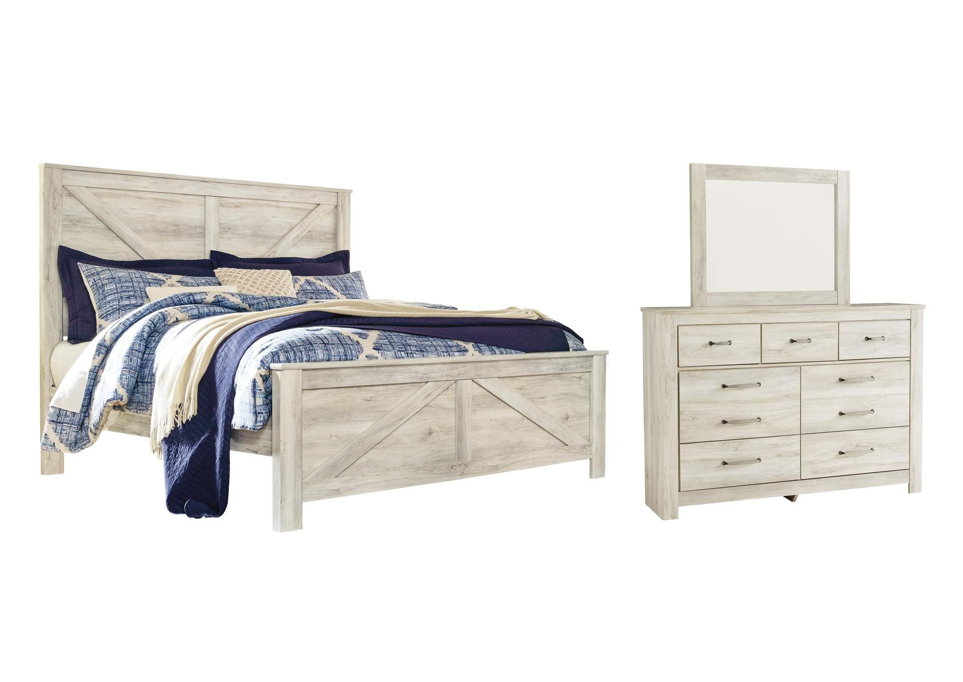 Bellaby King Crossbuck Panel Bed with Mirrored Dresser