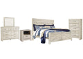 Bellaby King Crossbuck Panel Bed with Mirrored Dresser, Chest and Nightstand