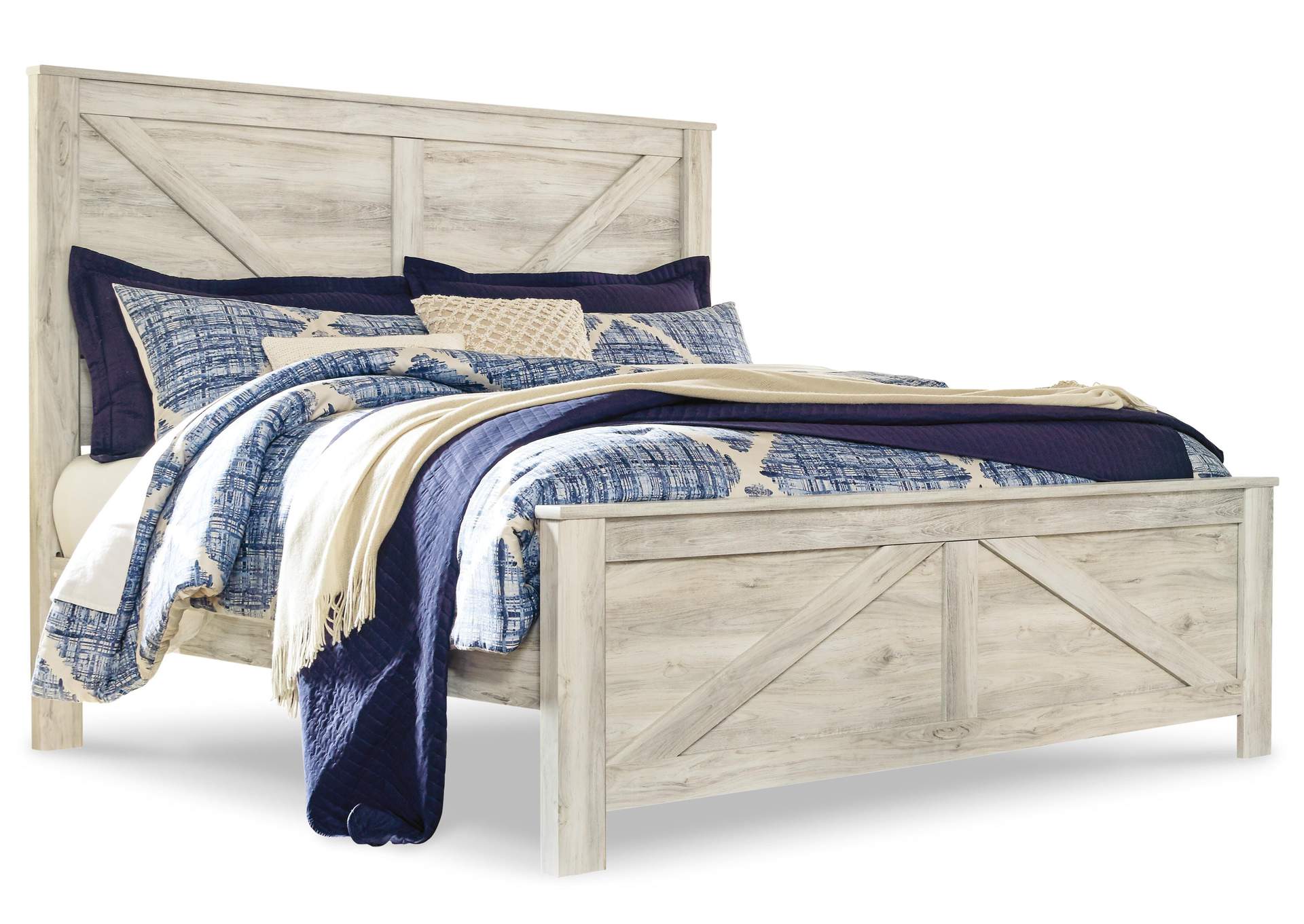 Bellaby King Crossbuck Panel Bed with Mirrored Dresser and 2 Nightstands