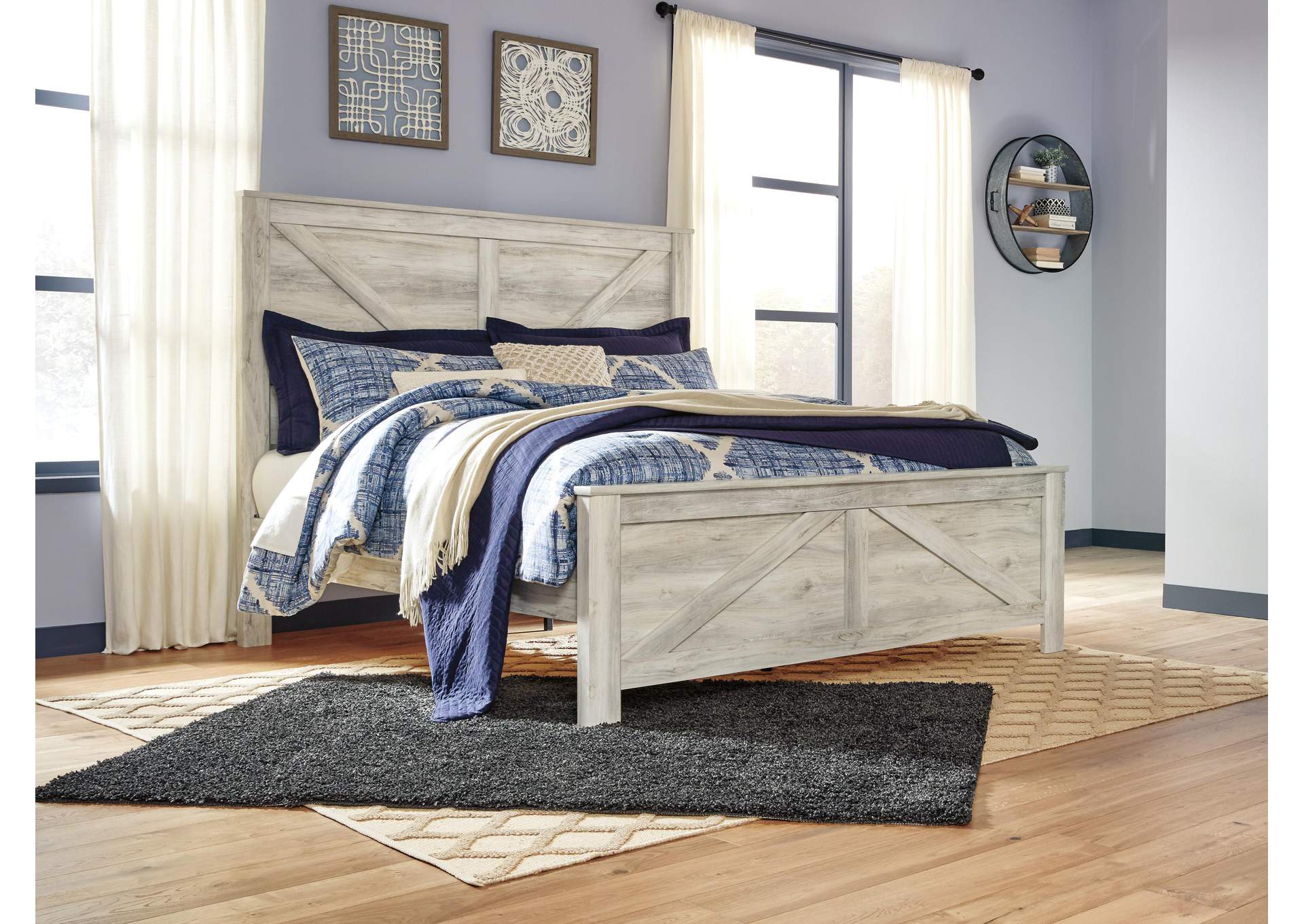 Bellaby King Crossbuck Panel Bed with Mirrored Dresser and Chest