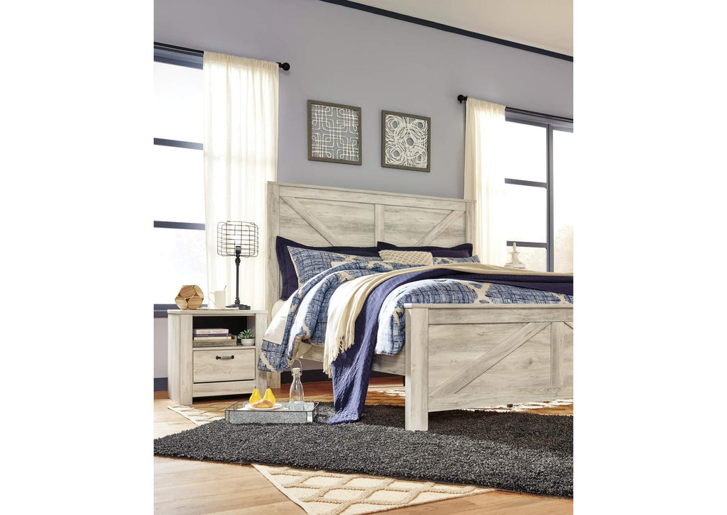 Bellaby King Crossbuck Panel Bed with Mirrored Dresser and 2 Nightstands