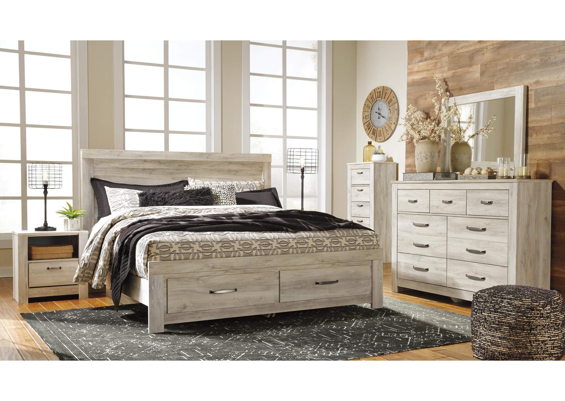 Bellaby King Platform Bed with 2 Storage Drawers with Mirrored Dresser, Chest and Nightstand