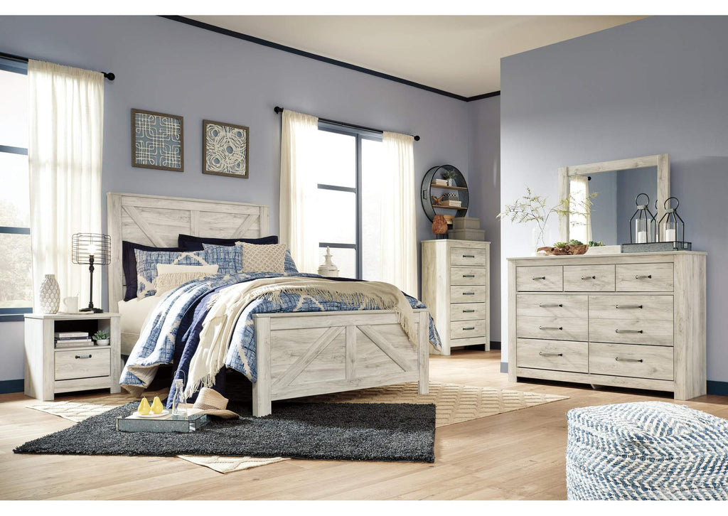 Bellaby Queen Crossbuck Panel Bed with Mirrored Dresser, Chest and 2 Nightstands