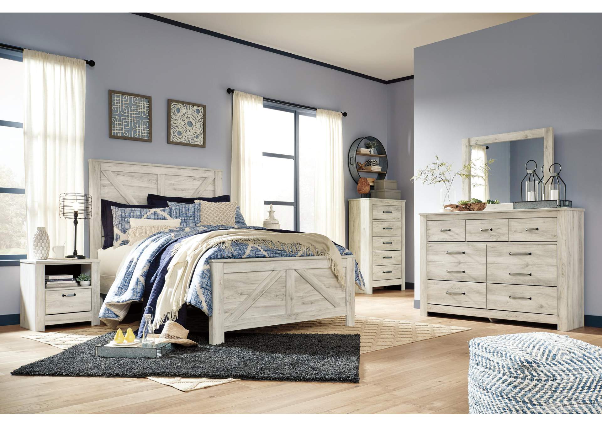 Bellaby Queen Crossbuck Panel Bed with Mirrored Dresser, Chest and 2 Nightstands