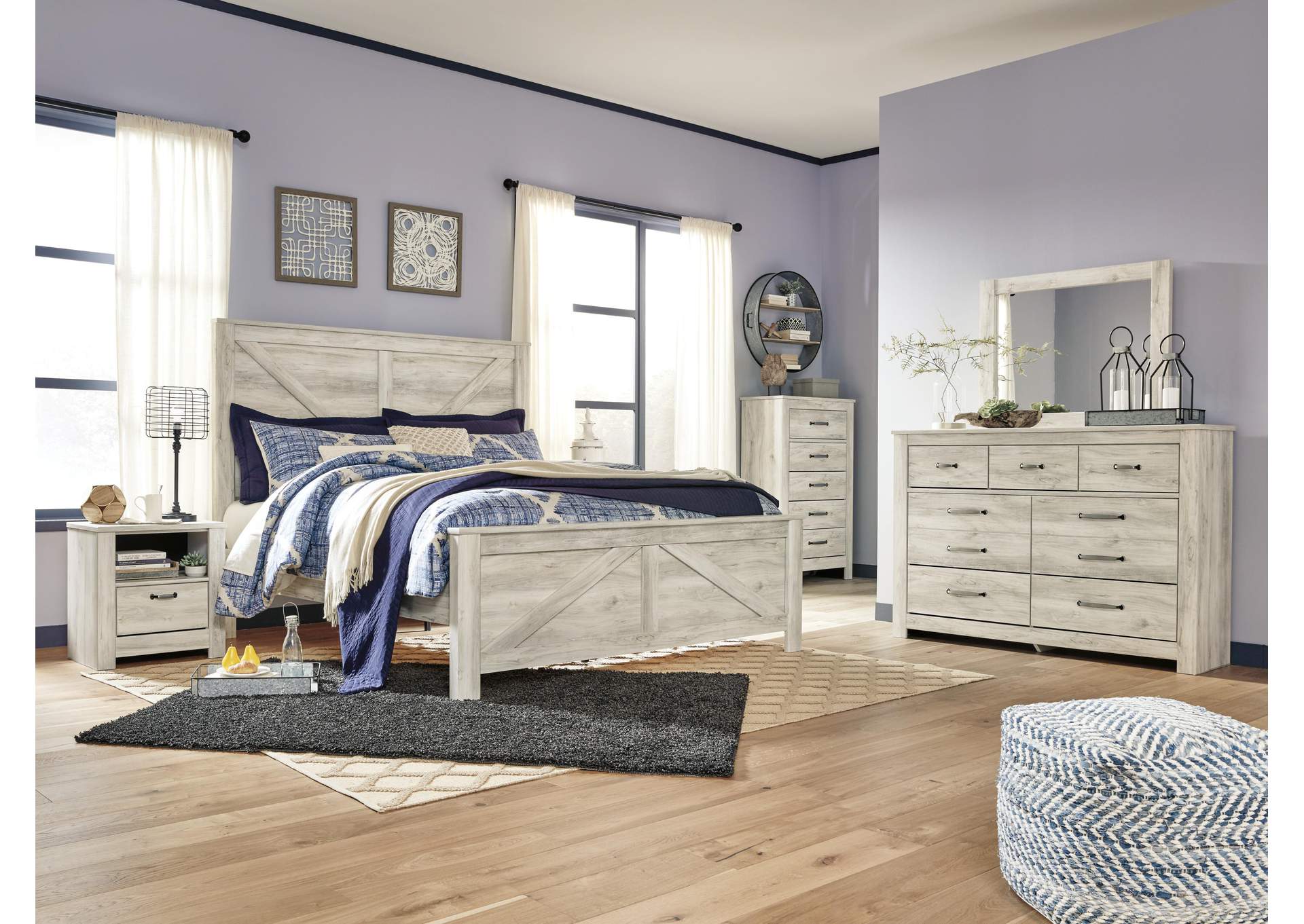 Bellaby King Crossbuck Panel Bed with Mirrored Dresser, Chest and Nightstand