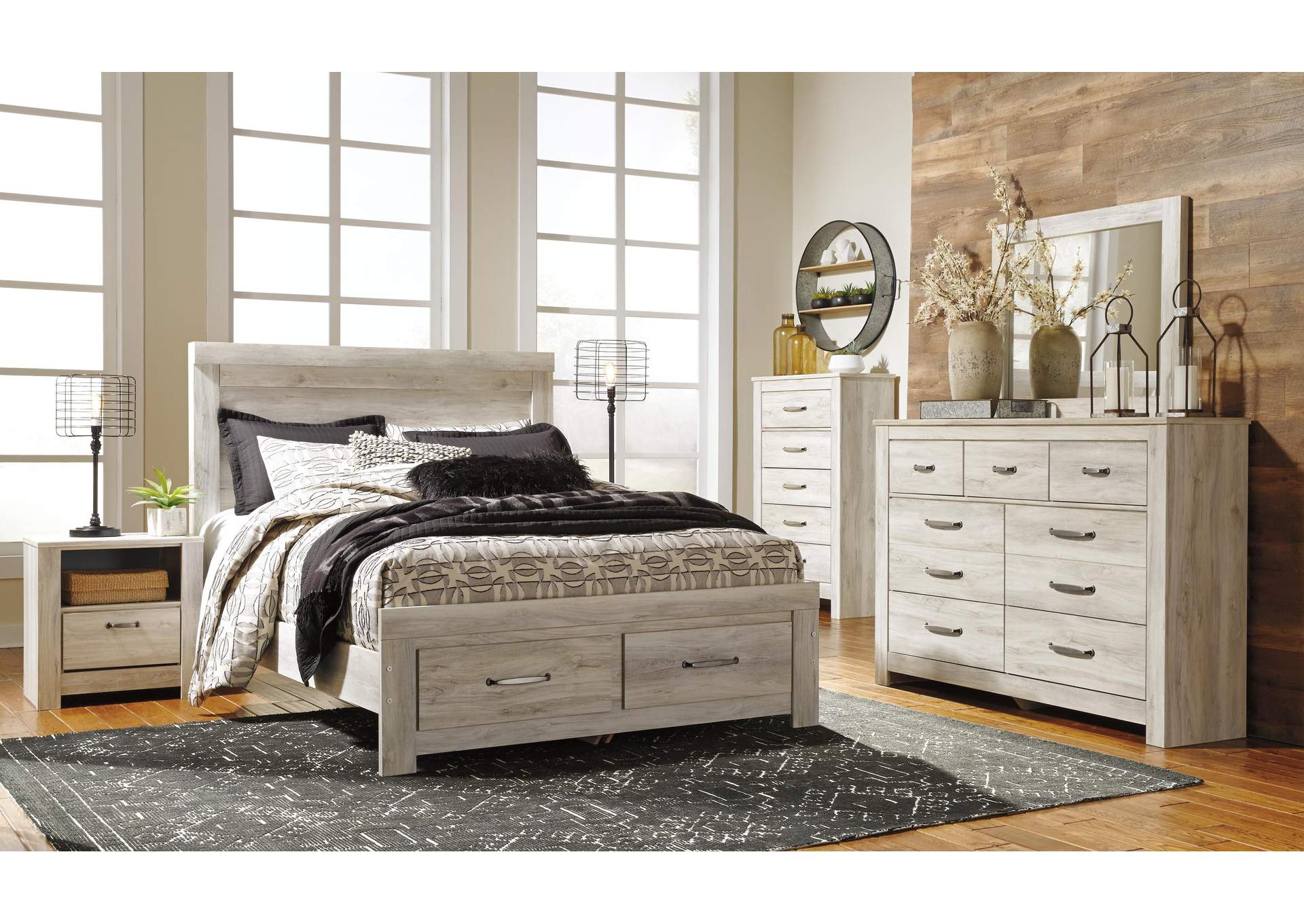 Bellaby Queen Platform Bed with 2 Storage Drawers with Mirrored Dresser, Chest and Nightstand