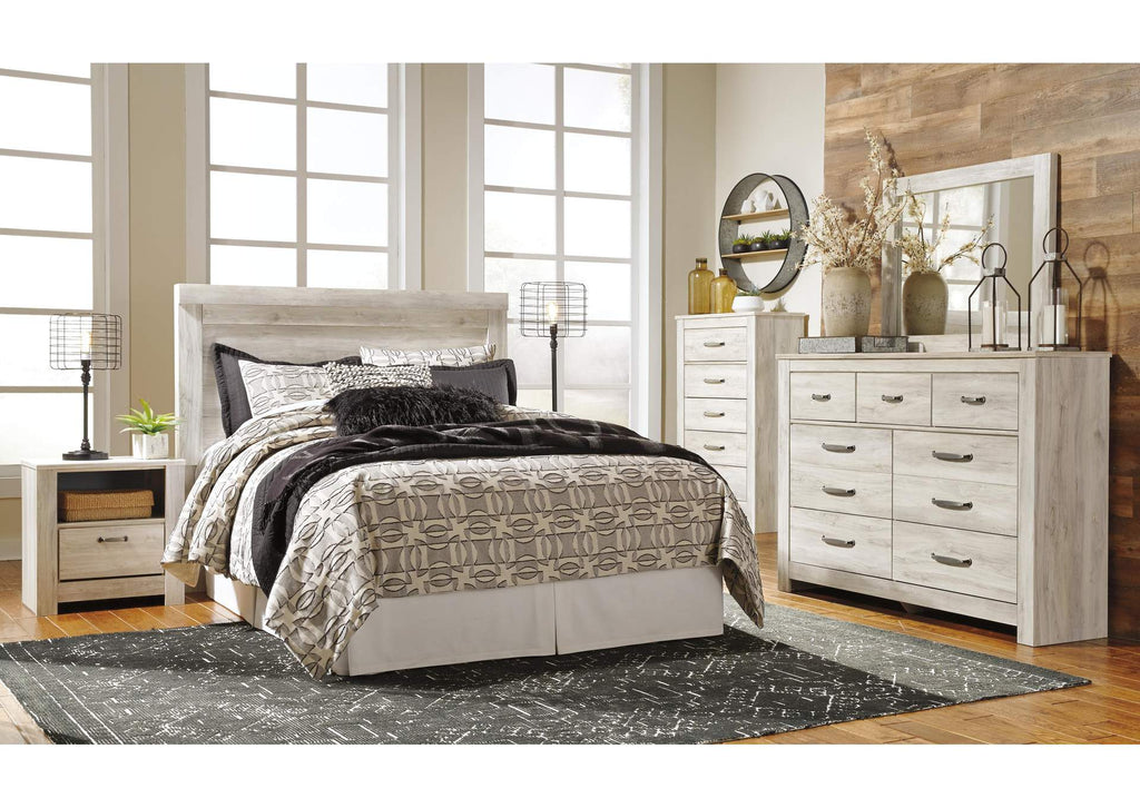 Bellaby Queen Panel Headboard Bed with Mirrored Dresser, Chest and 2 Nightstands