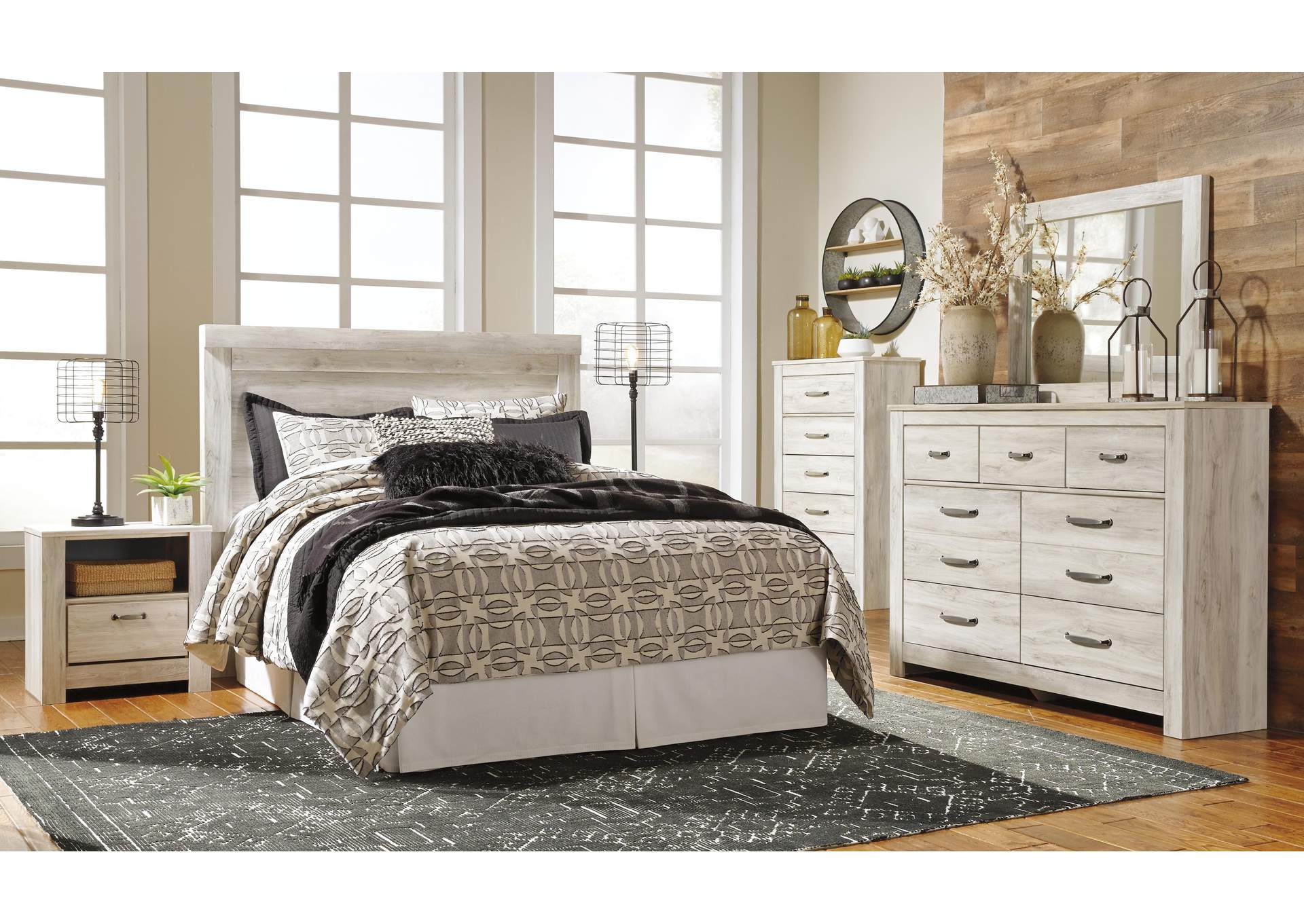 Bellaby Queen Panel Headboard Bed with Mirrored Dresser, Chest and 2 Nightstands