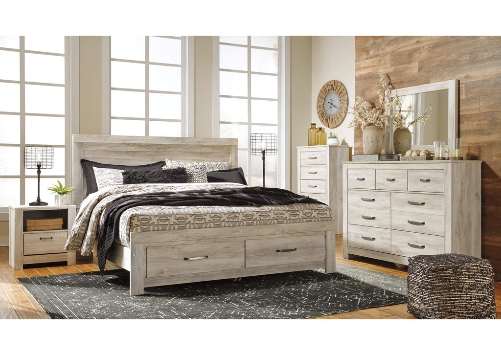 Bellaby King Platform Bed with 2 Storage Drawers with Mirrored Dresser, Chest and Nightstand