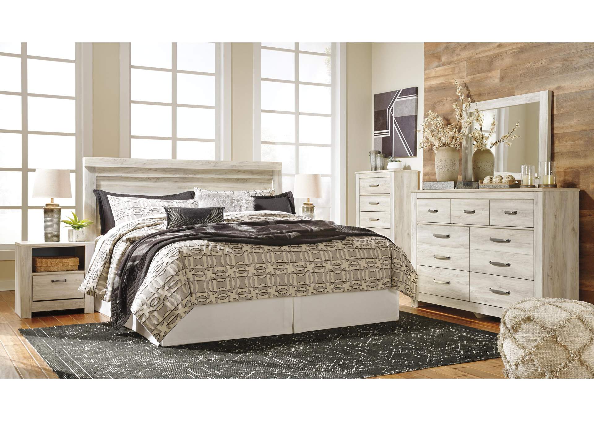 Bellaby King Panel Headboard Bed with Mirrored Dresser, Chest and 2 Nightstands