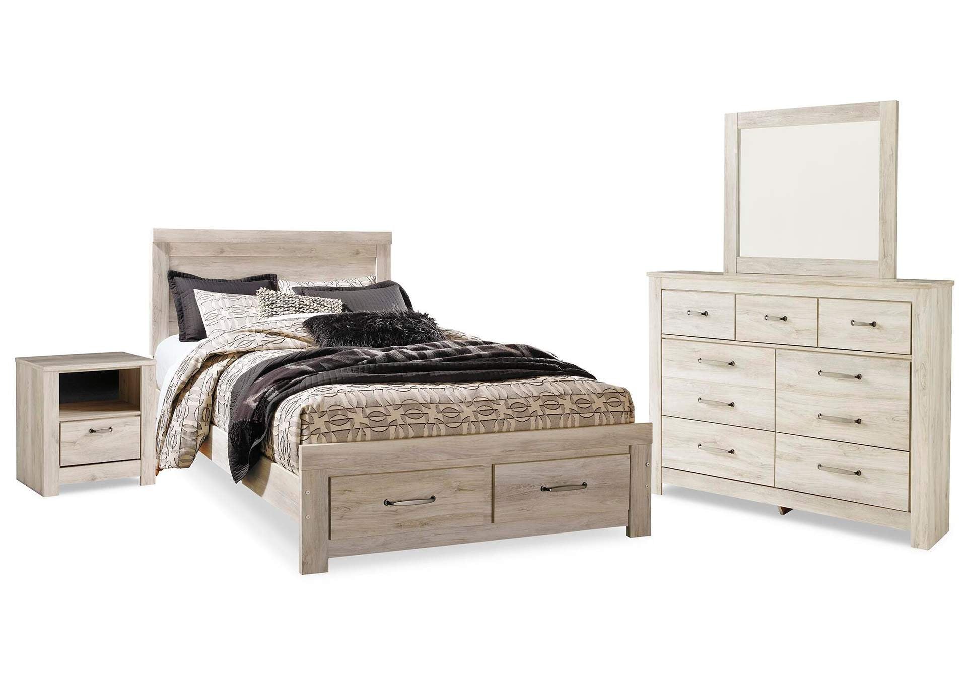 Bellaby Queen Platform Bed with 2 Storage Drawers with Mirrored Dresser and Nightstand