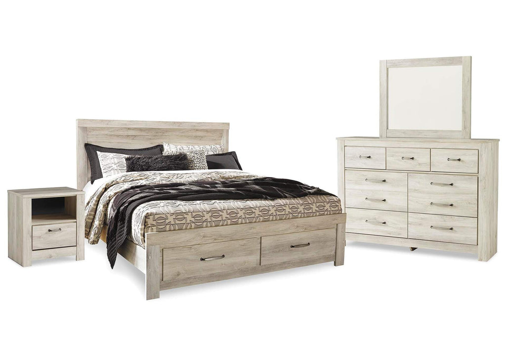 Bellaby King Platform Bed with 2 Storage Drawers with Mirrored Dresser and Nightstand