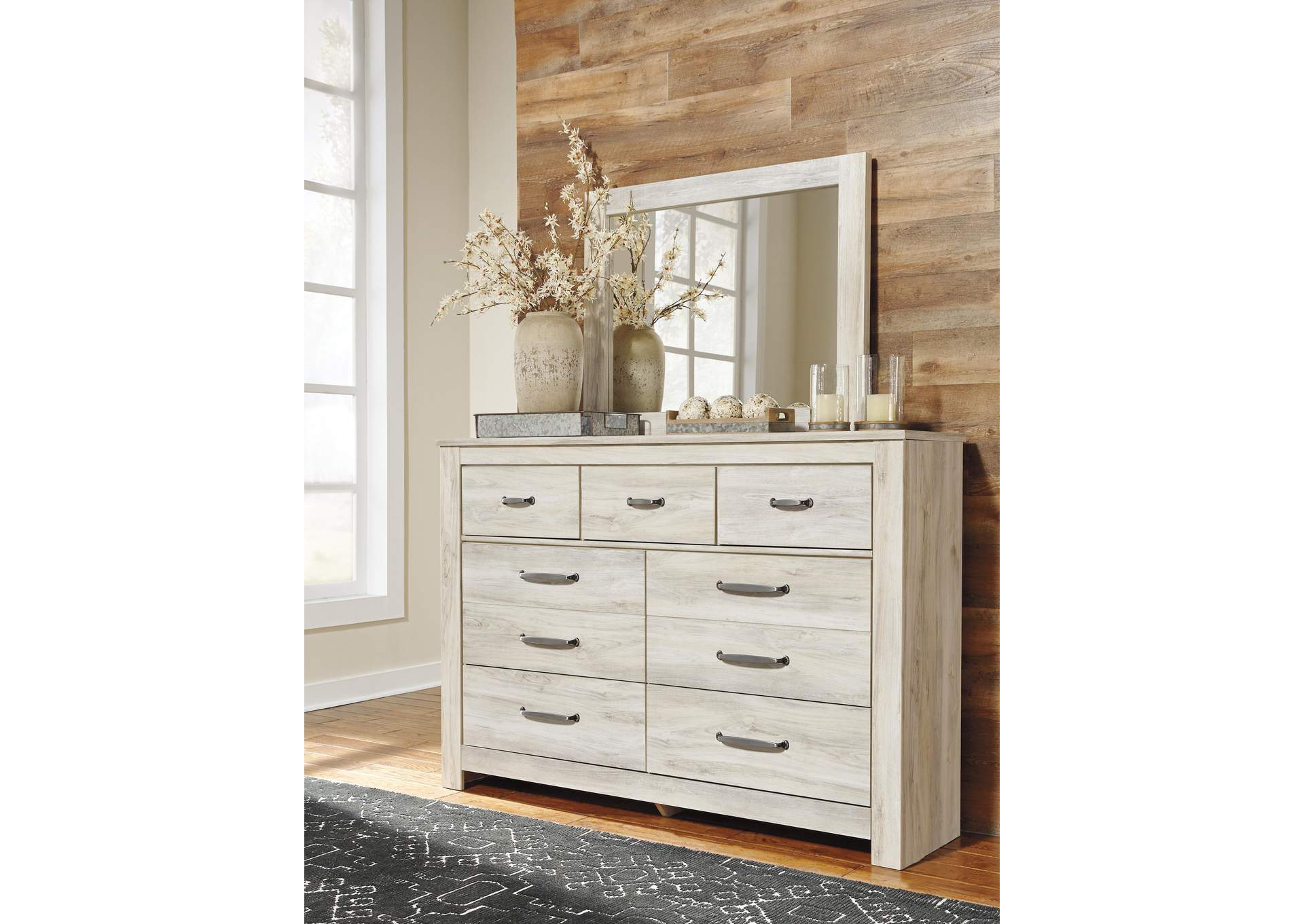 Bellaby Queen Panel Headboard Bed with Mirrored Dresser and Chest