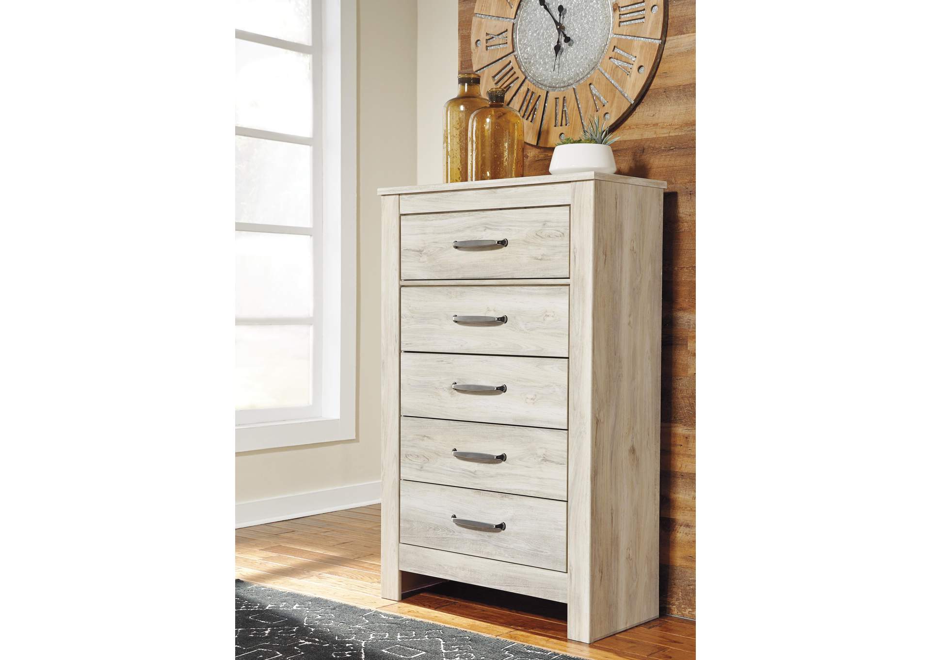 Bellaby King Panel Bed with Mirrored Dresser and Chest