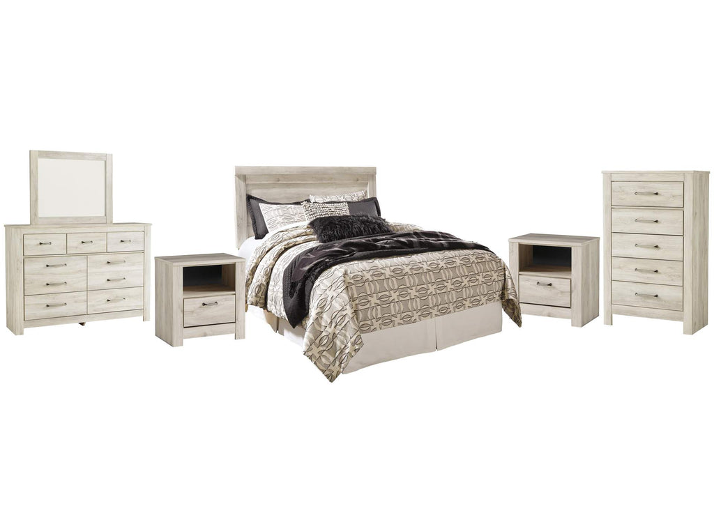 Bellaby Queen Panel Headboard Bed with Mirrored Dresser, Chest and 2 Nightstands
