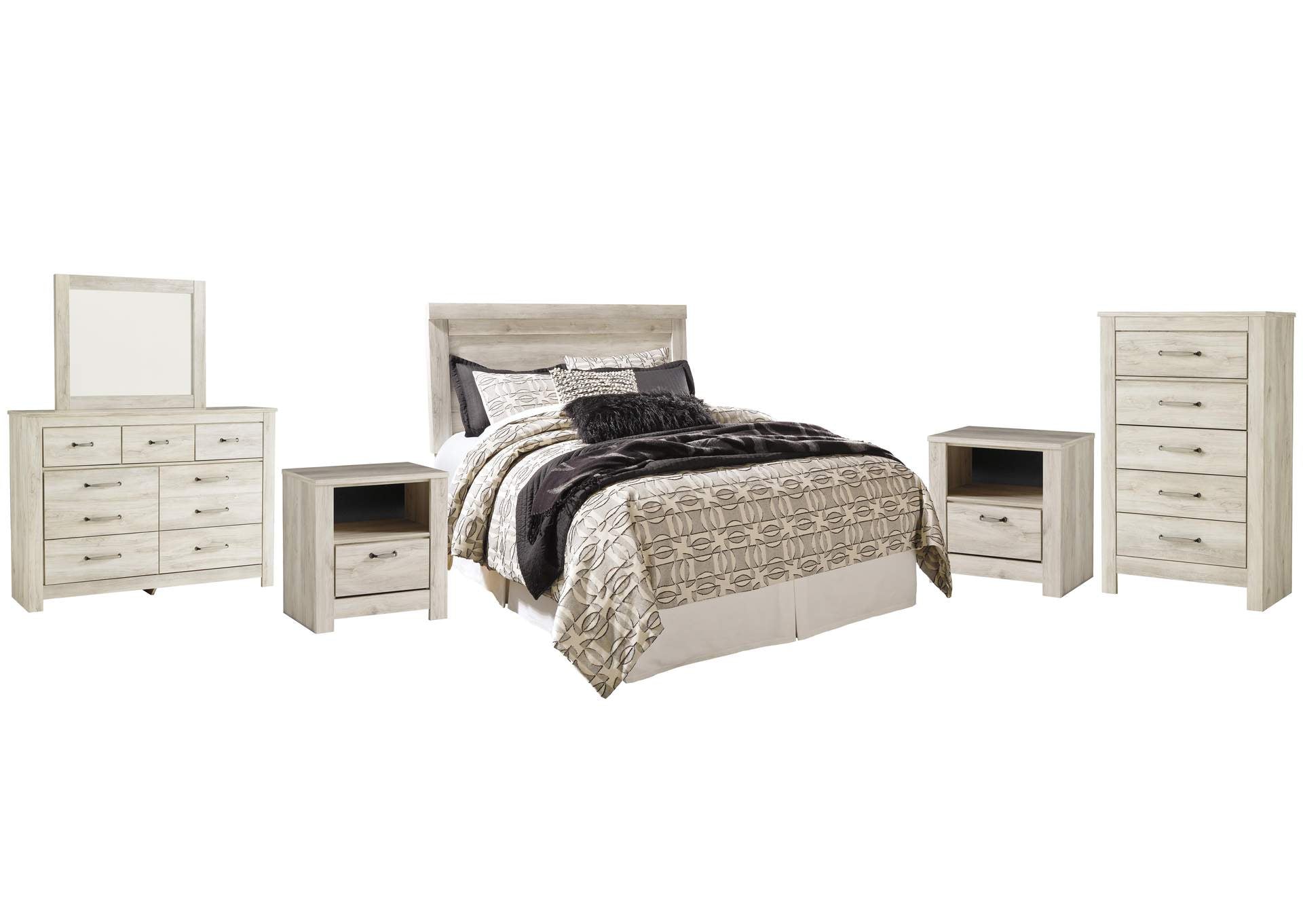 Bellaby Queen Panel Headboard Bed with Mirrored Dresser, Chest and 2 Nightstands