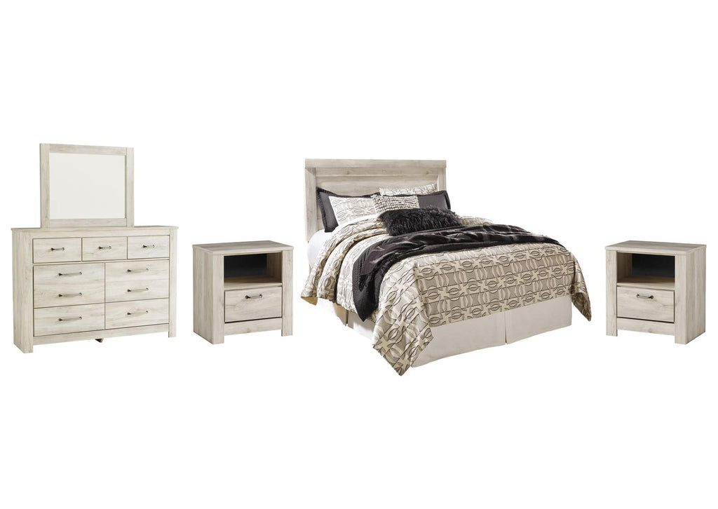 Bellaby Queen Panel Headboard Bed with Mirrored Dresser and 2 Nightstands