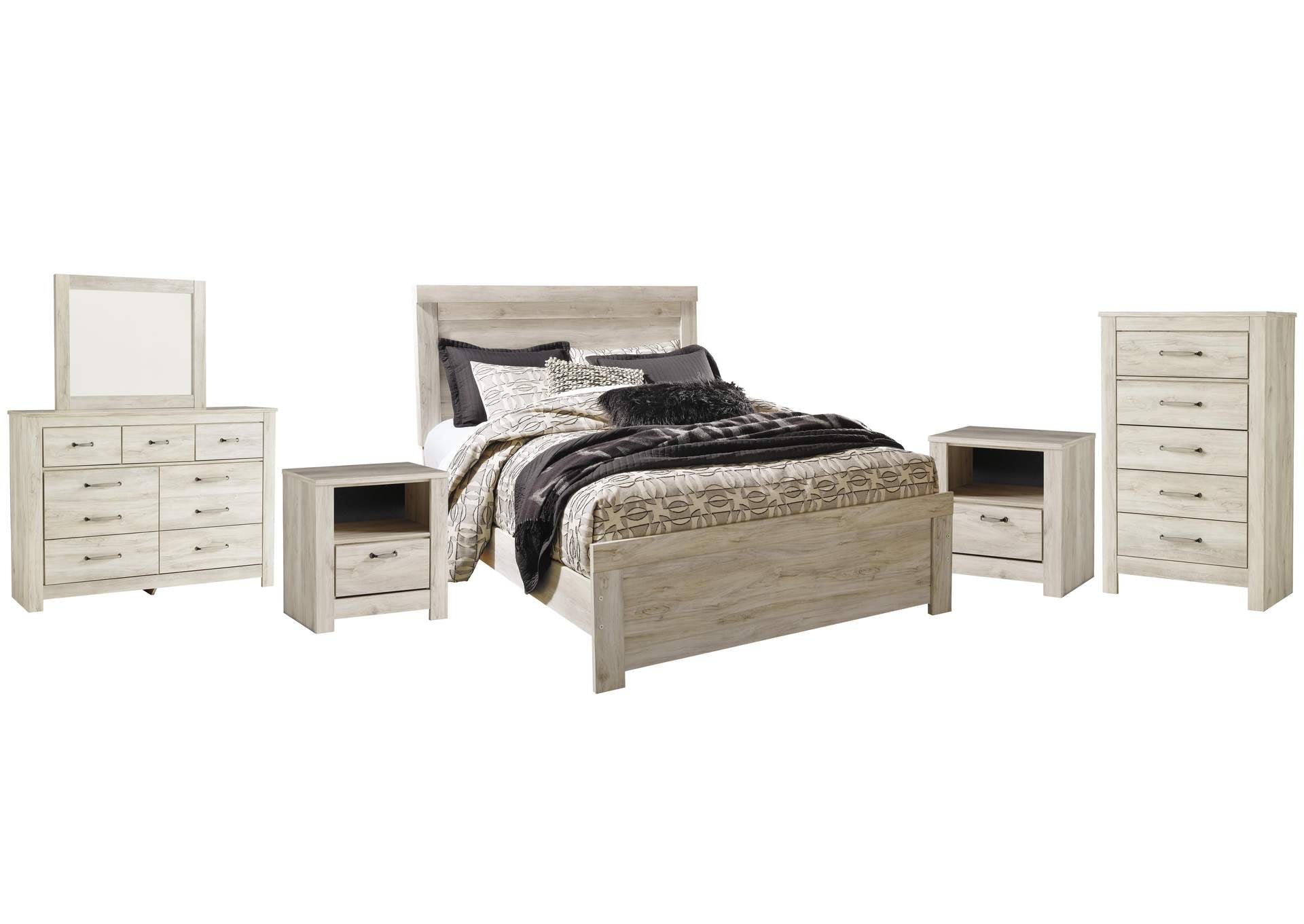 Bellaby Queen Panel Bed with Mirrored Dresser, Chest and 2 Nightstands
