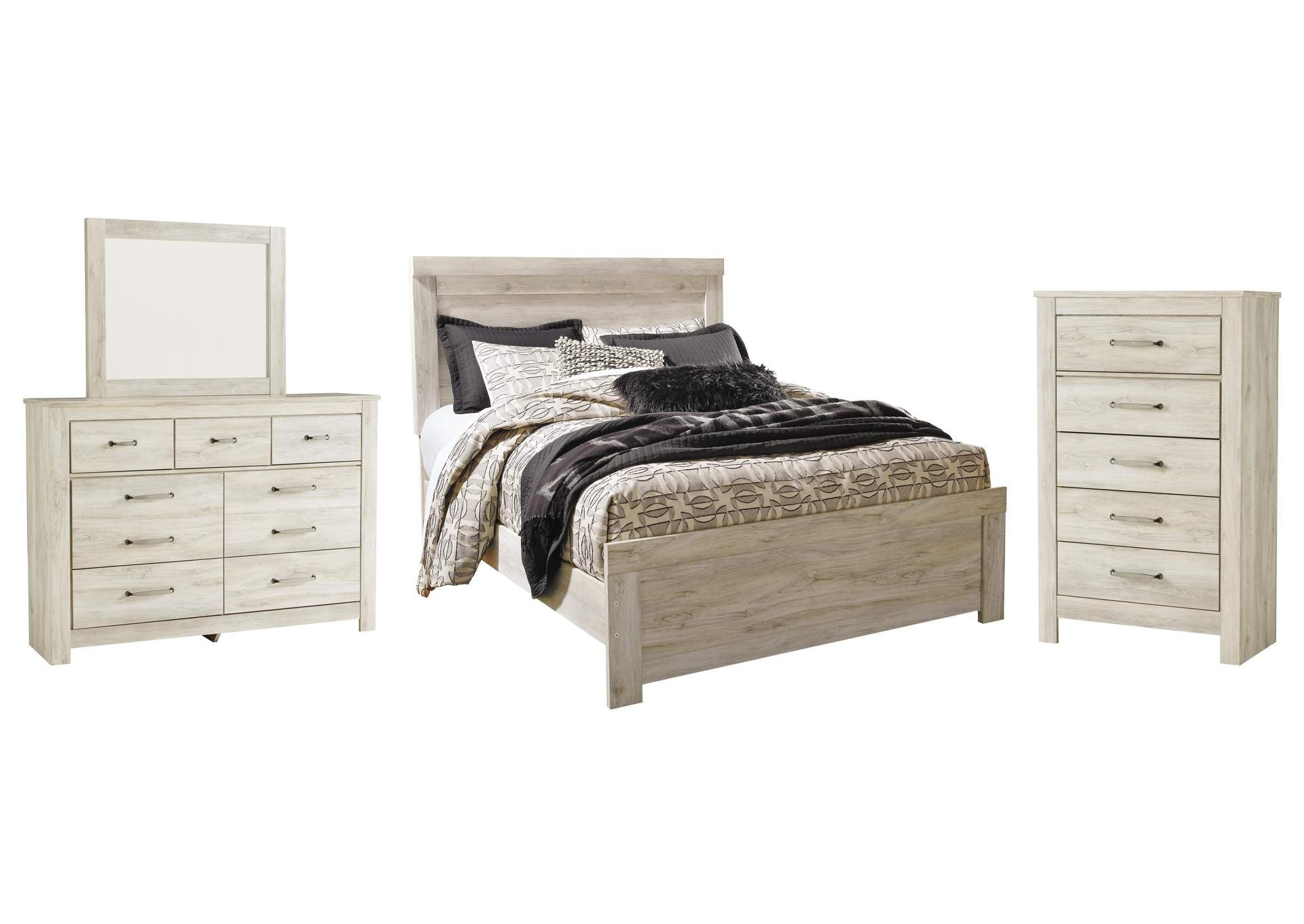 Bellaby Queen Panel Bed with Mirrored Dresser and Chest