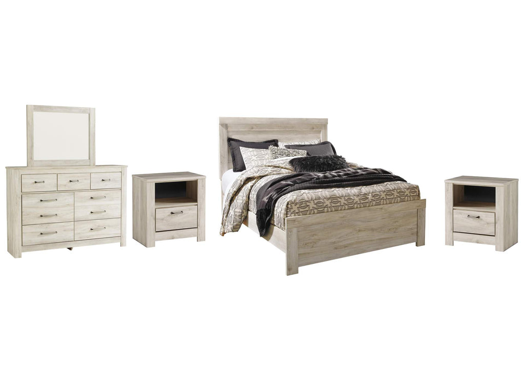 Bellaby Queen Panel Bed with Mirrored Dresser and 2 Nightstands