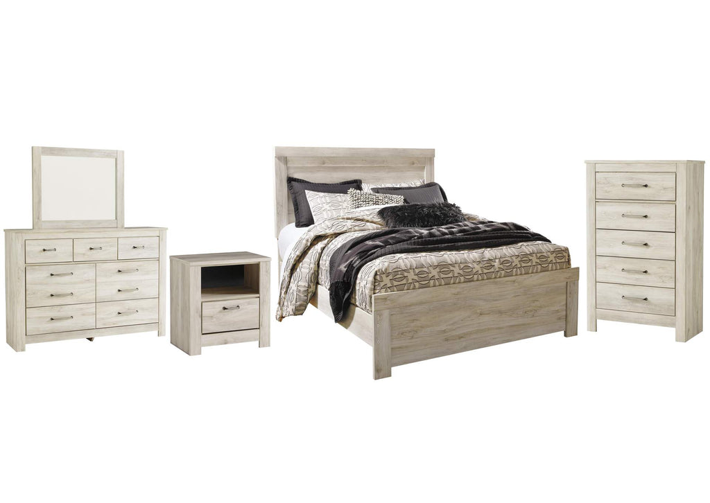 Bellaby Queen Panel Bed with Mirrored Dresser, Chest and Nightstand