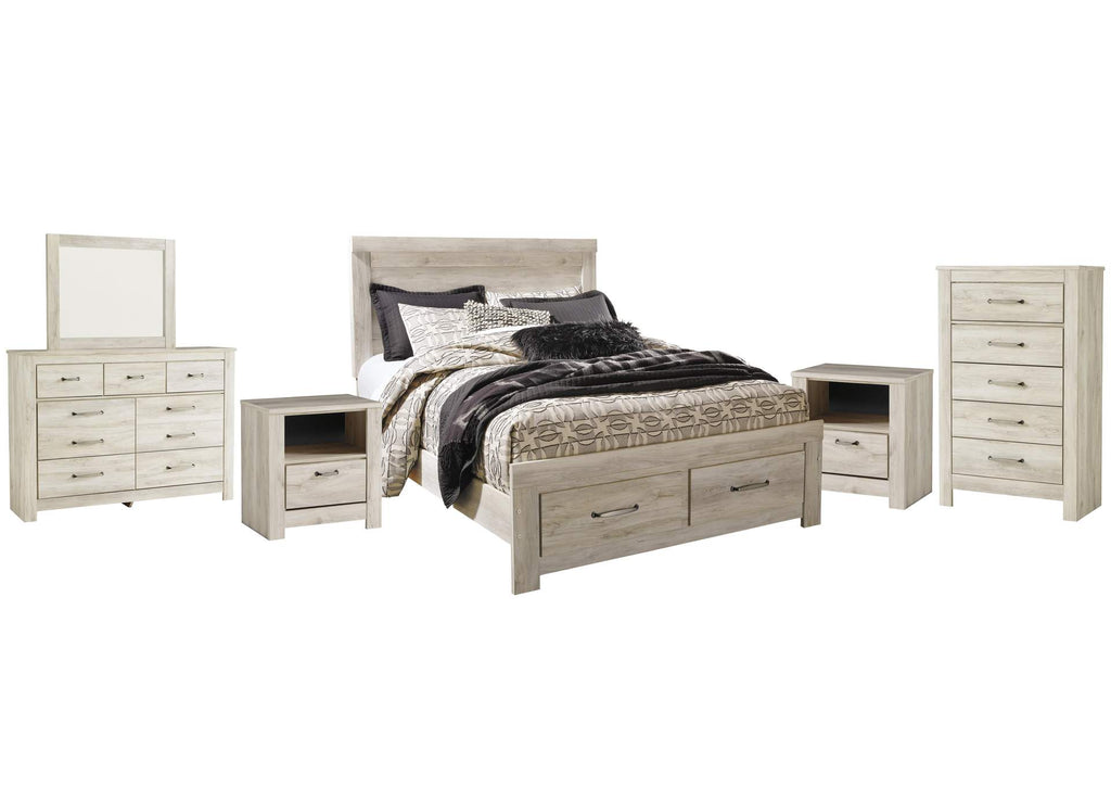 Bellaby Queen Platform Bed with 2 Storage Drawers with Mirrored Dresser, Chest and 2 Nightstands