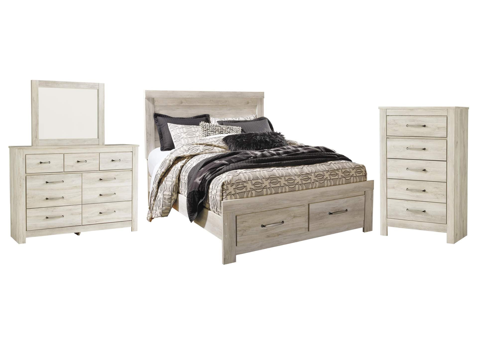 Bellaby Queen Platform Bed with 2 Storage Drawers with Mirrored Dresser and Chest