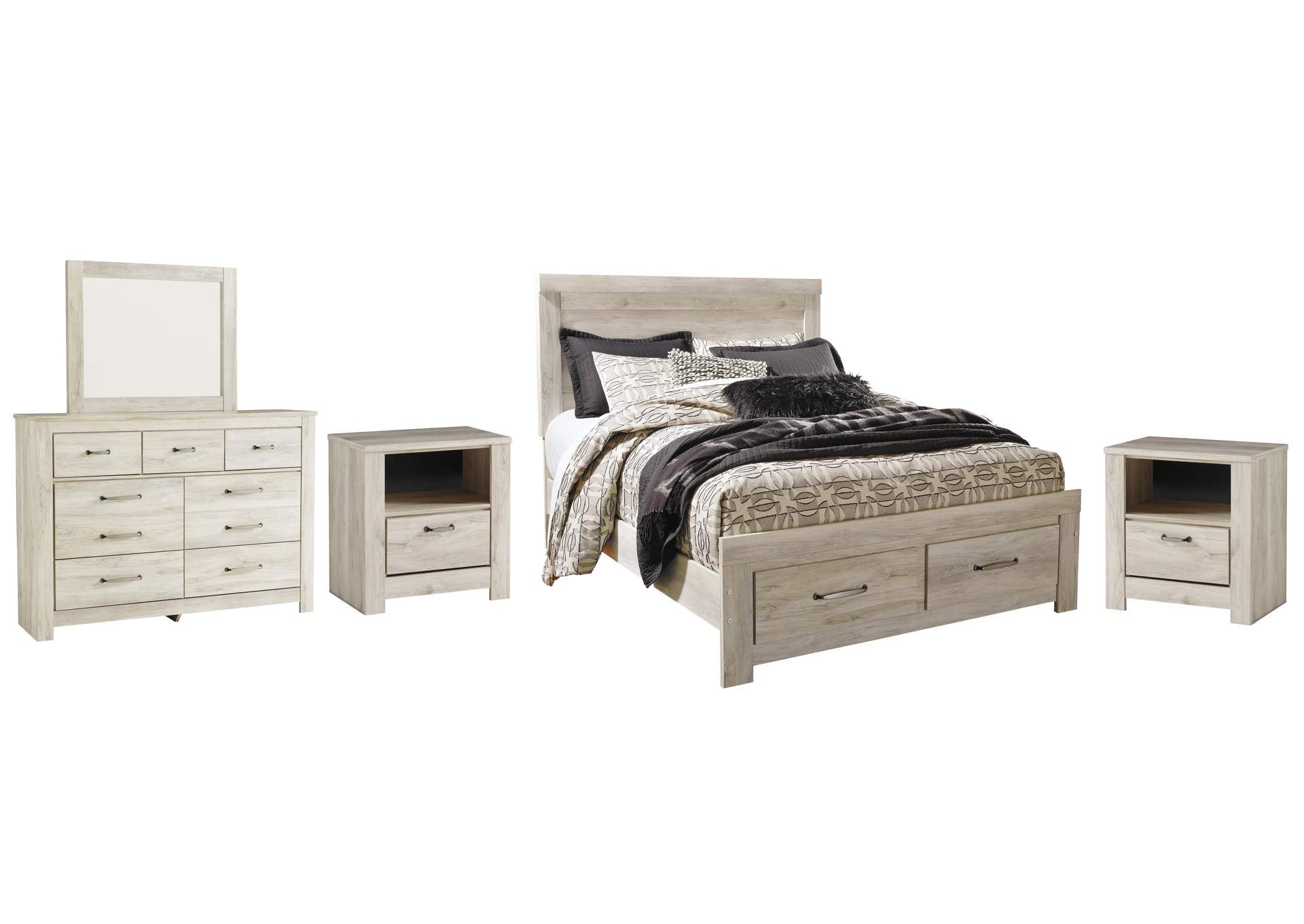 Bellaby Queen Platform Bed with 2 Storage Drawers with Mirrored Dresser and 2 Nightstands