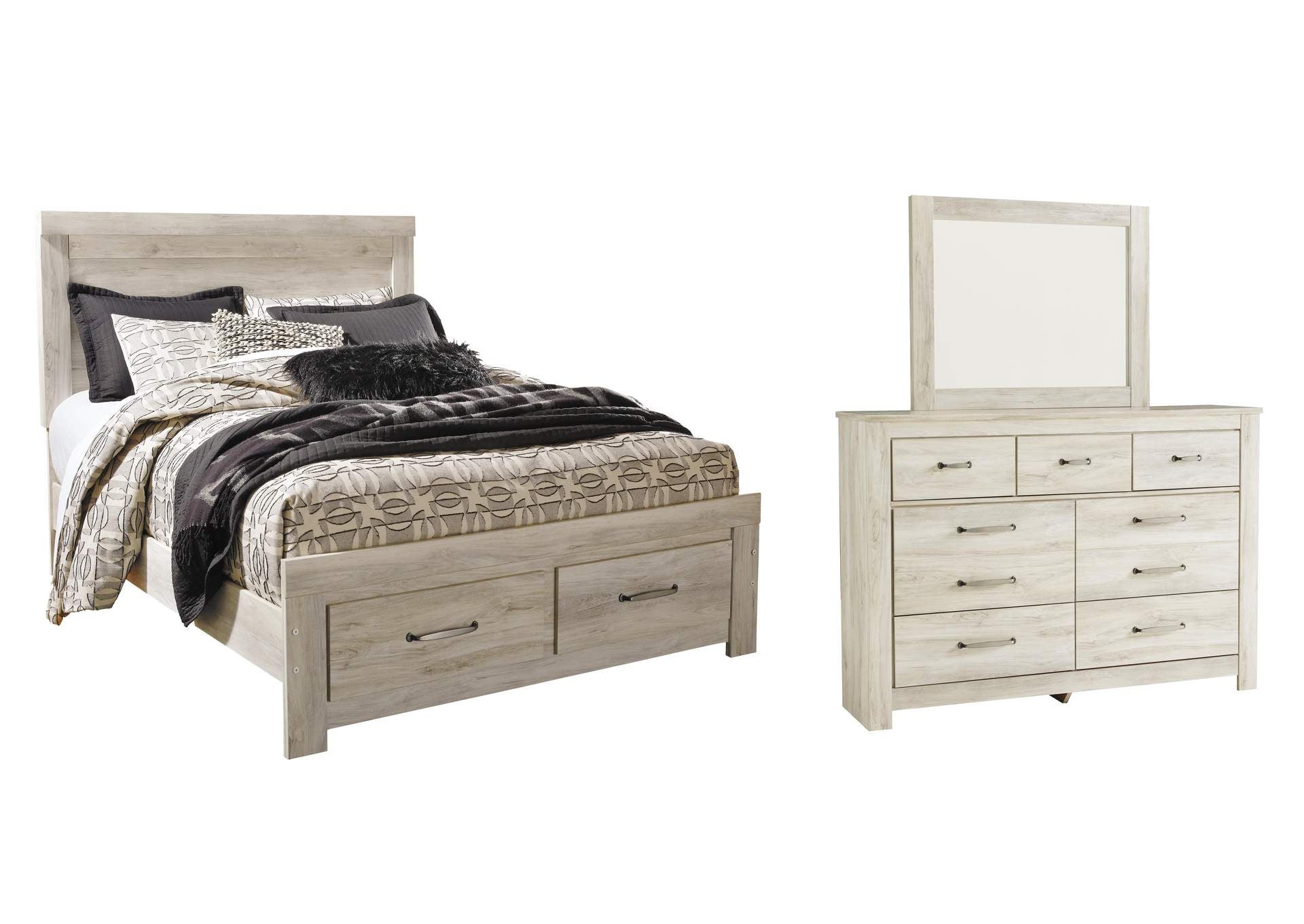 Bellaby Queen Platform Bed with 2 Storage Drawers with Mirrored Dresser