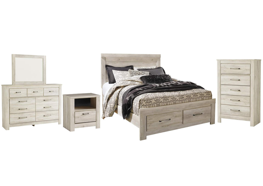 Bellaby Queen Platform Bed with 2 Storage Drawers with Mirrored Dresser, Chest and Nightstand
