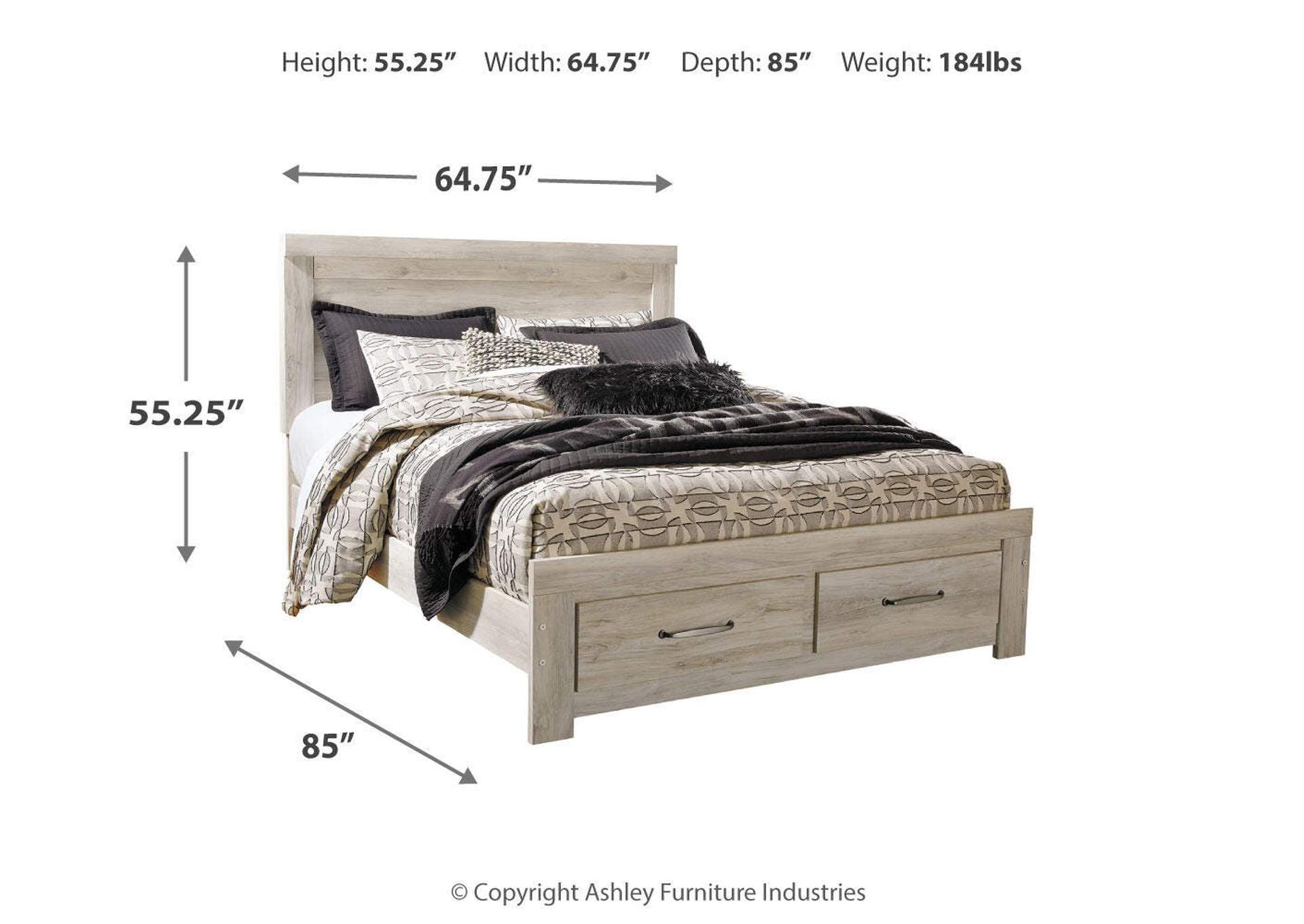 Bellaby Queen Platform Bed with 2 Storage Drawers with Mirrored Dresser and Nightstand dimensions