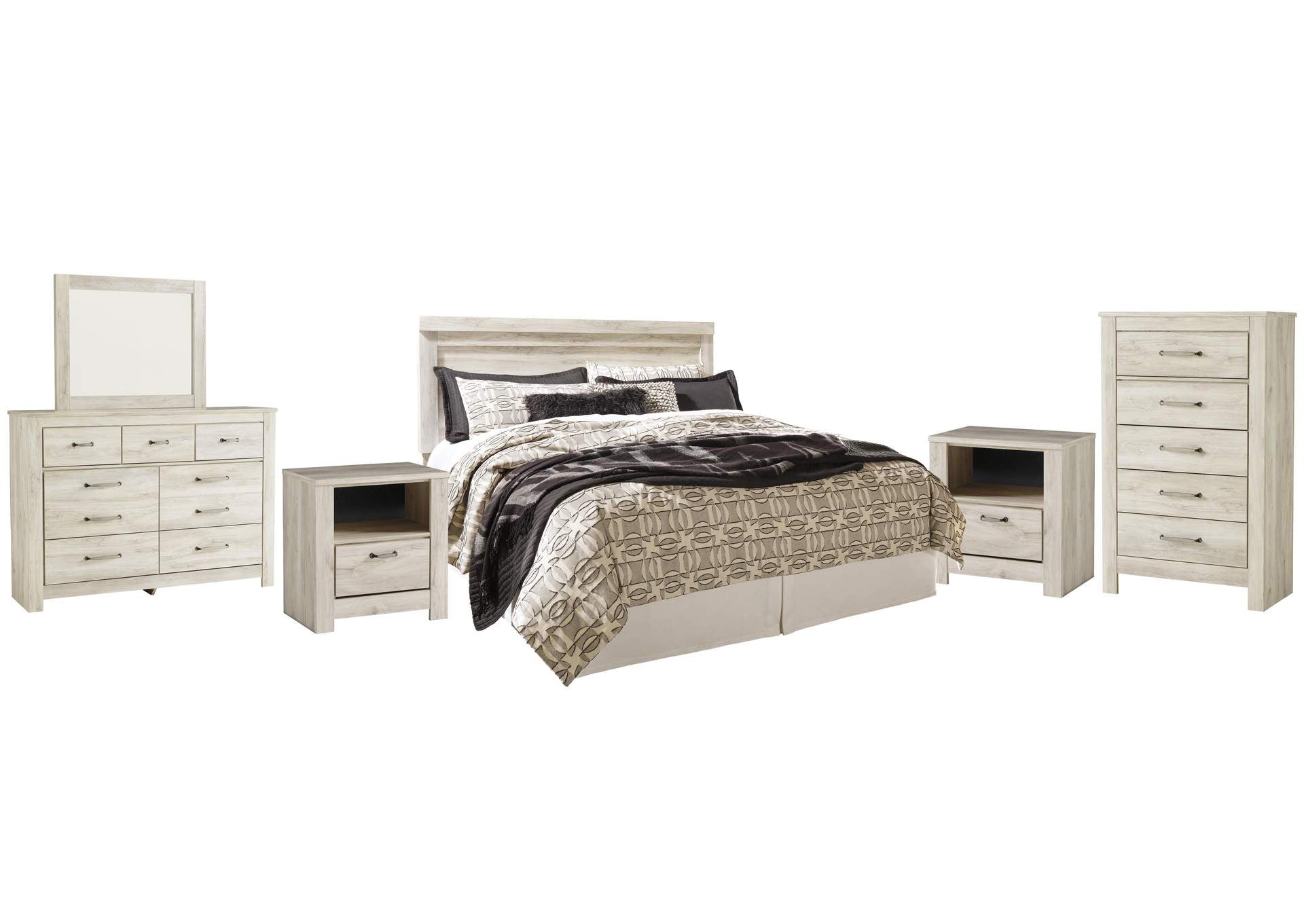Bellaby King Panel Headboard Bed with Mirrored Dresser, Chest and 2 Nightstands
