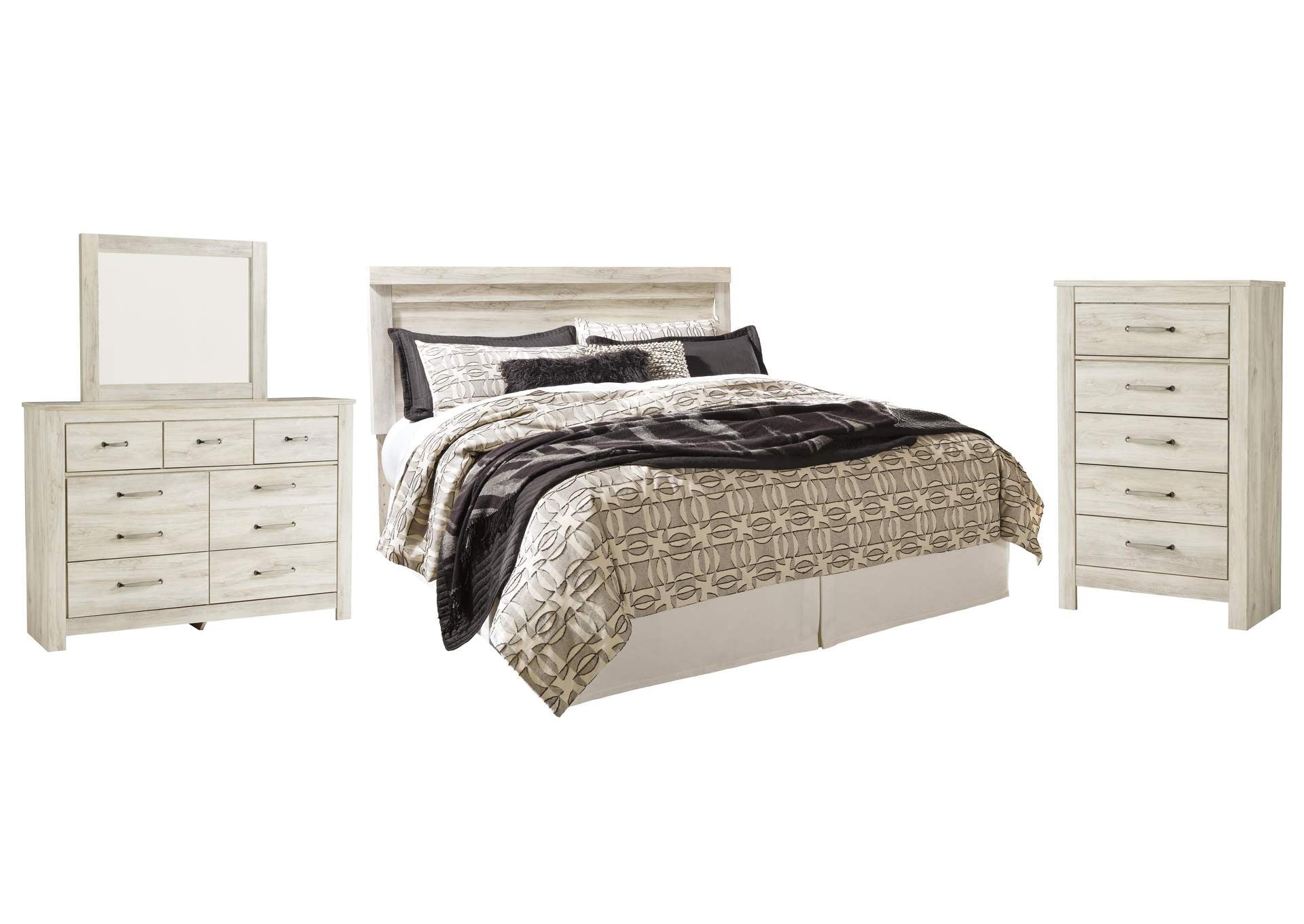 Bellaby King Panel Headboard Bed with Mirrored Dresser and Chest
