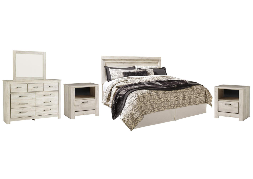 Bellaby King Panel Headboard Bed with Mirrored Dresser and 2 Nightstands