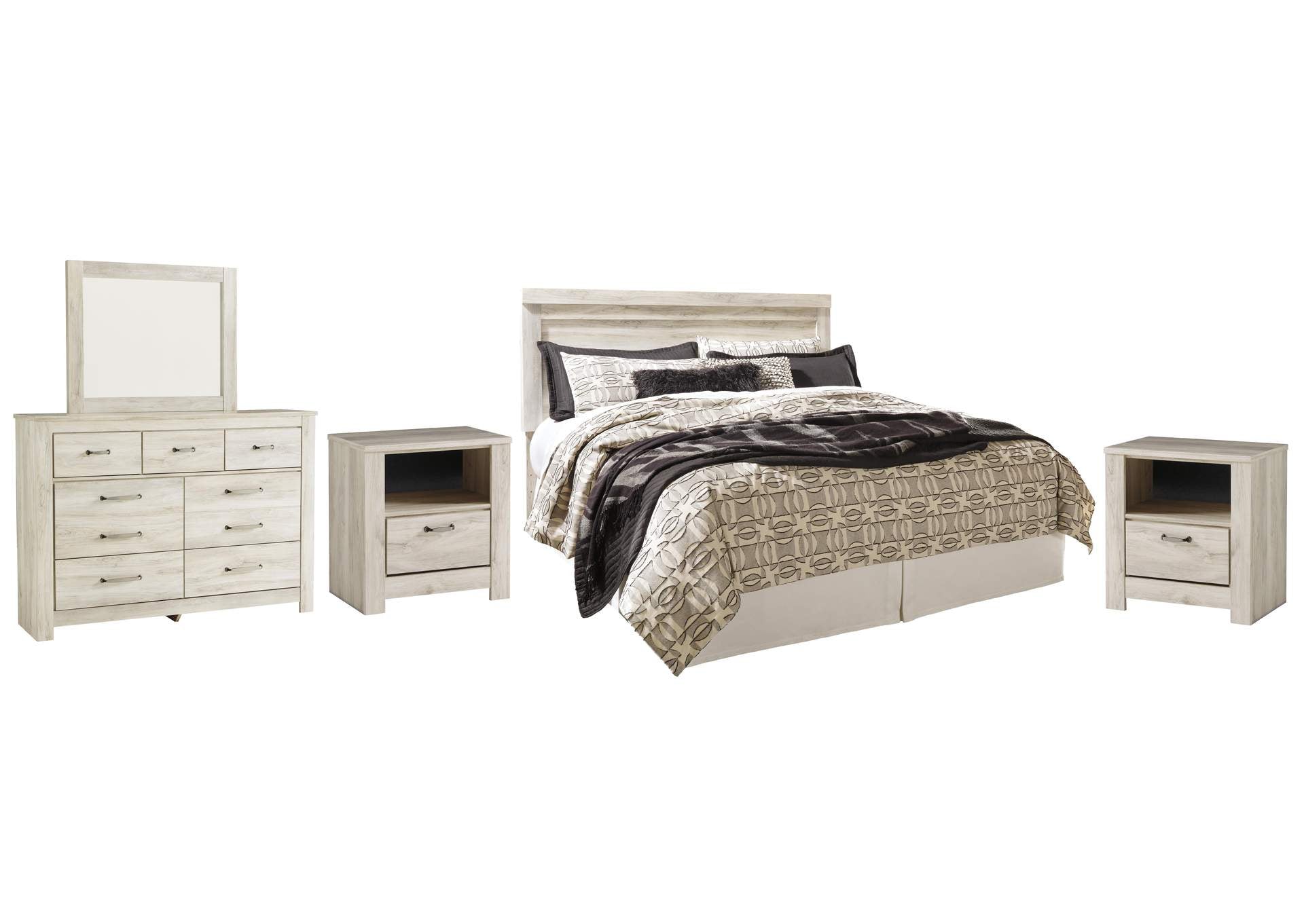 Bellaby King Panel Headboard Bed with Mirrored Dresser and 2 Nightstands
