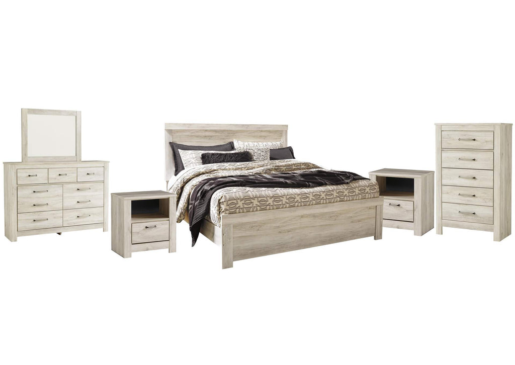 Bellaby King Panel Bed with Mirrored Dresser, Chest and 2 Nightstands