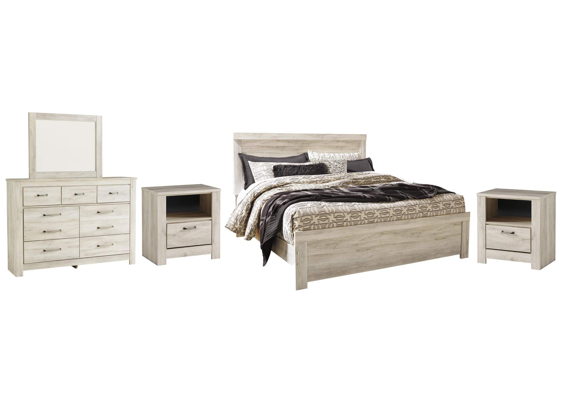 Bellaby King Panel Bed with Mirrored Dresser and 2 Nightstands