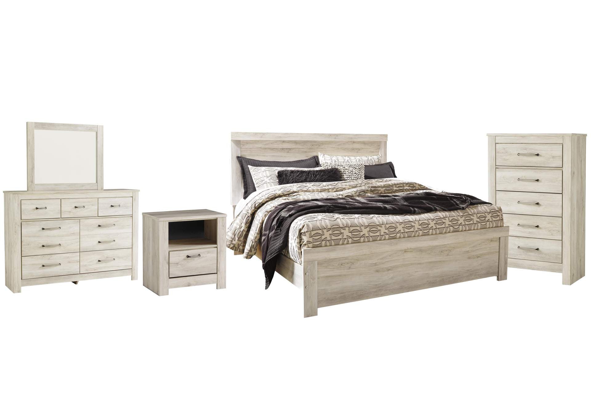 Bellaby King Panel Bed with Mirrored Dresser, Chest and Nightstand