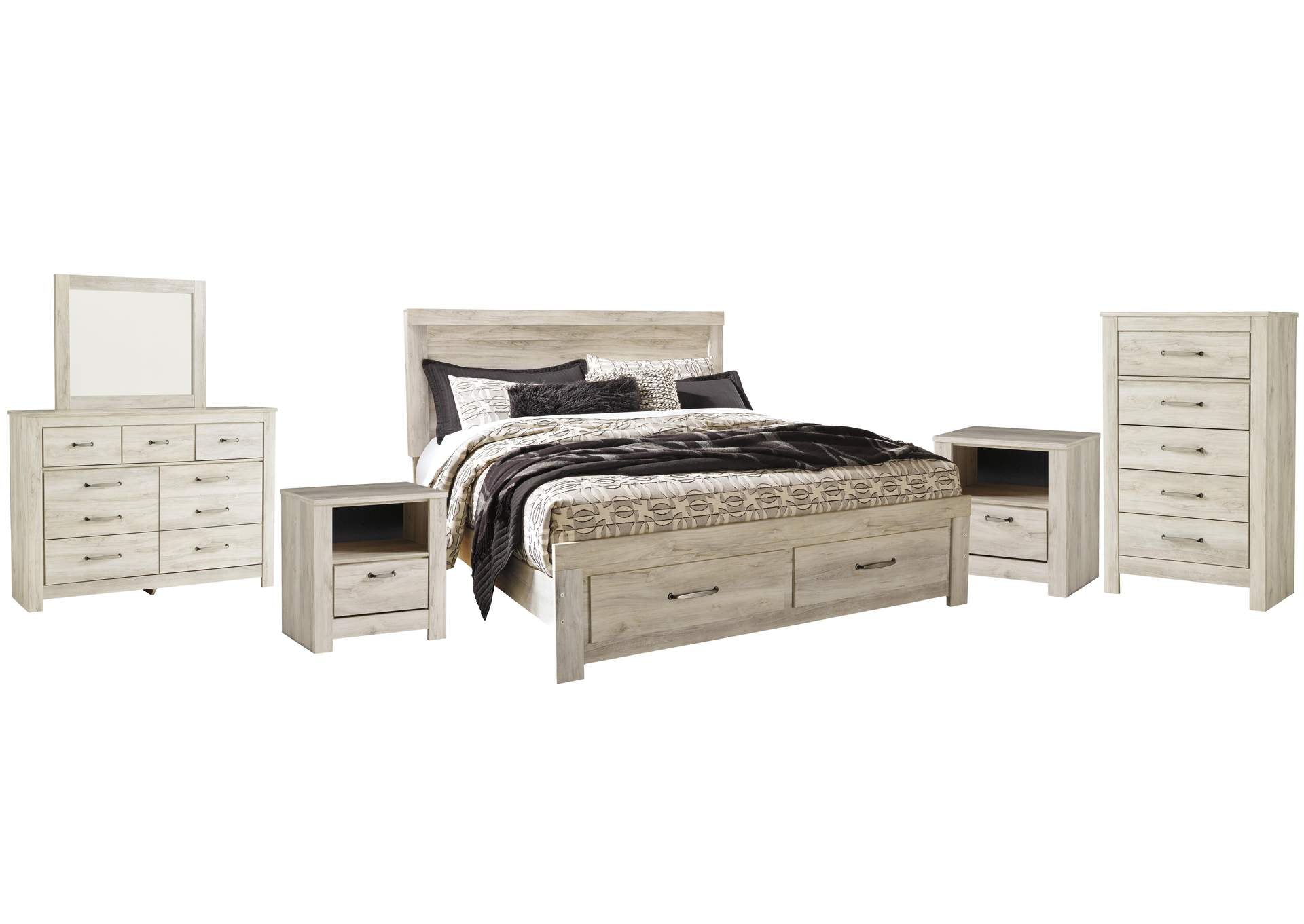 Bellaby King Platform Bed with 2 Storage Drawers with Mirrored Dresser, Chest and 2 Nightstands
