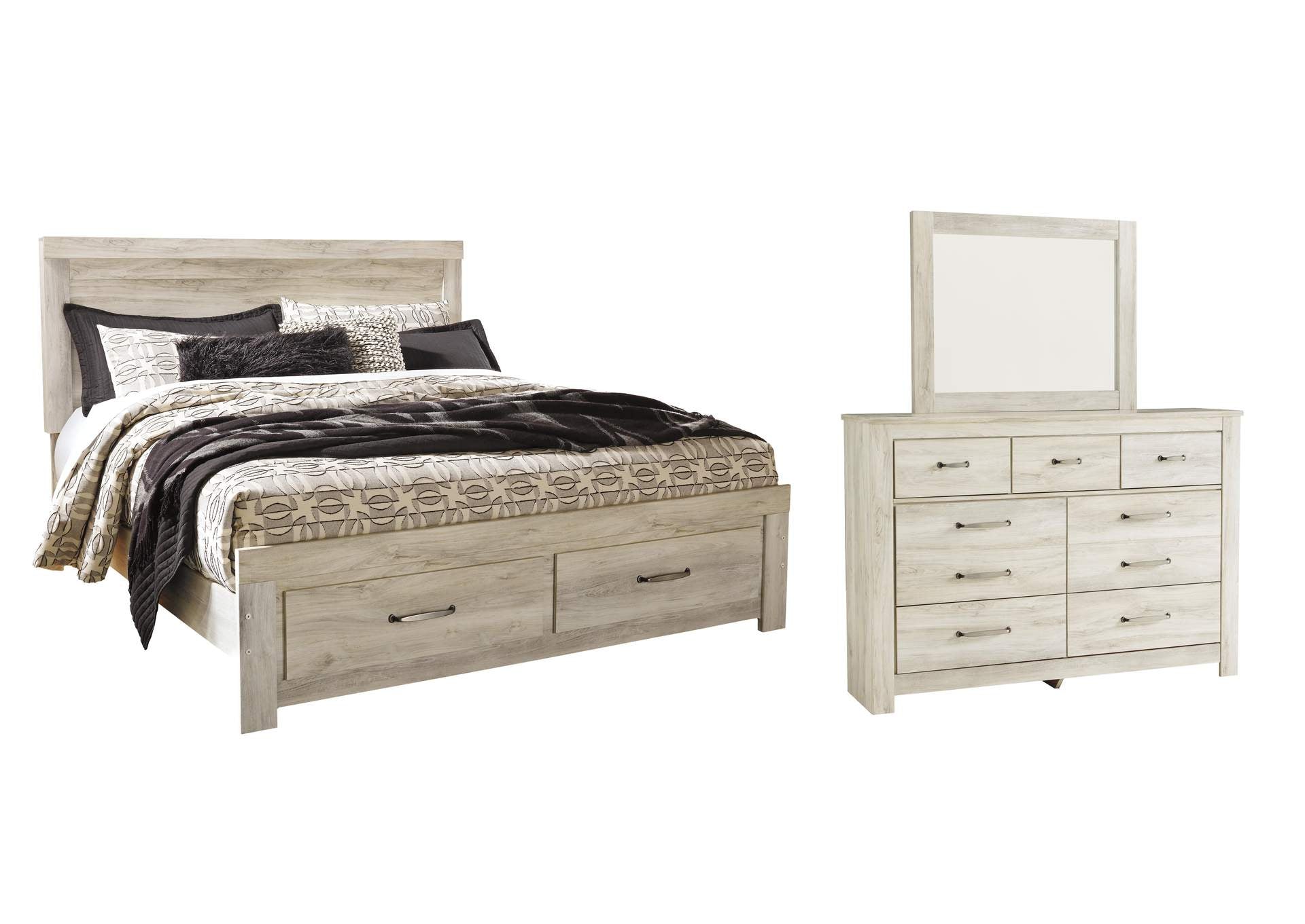 Bellaby King Platform Bed with 2 Storage Drawers with Mirrored Dresser