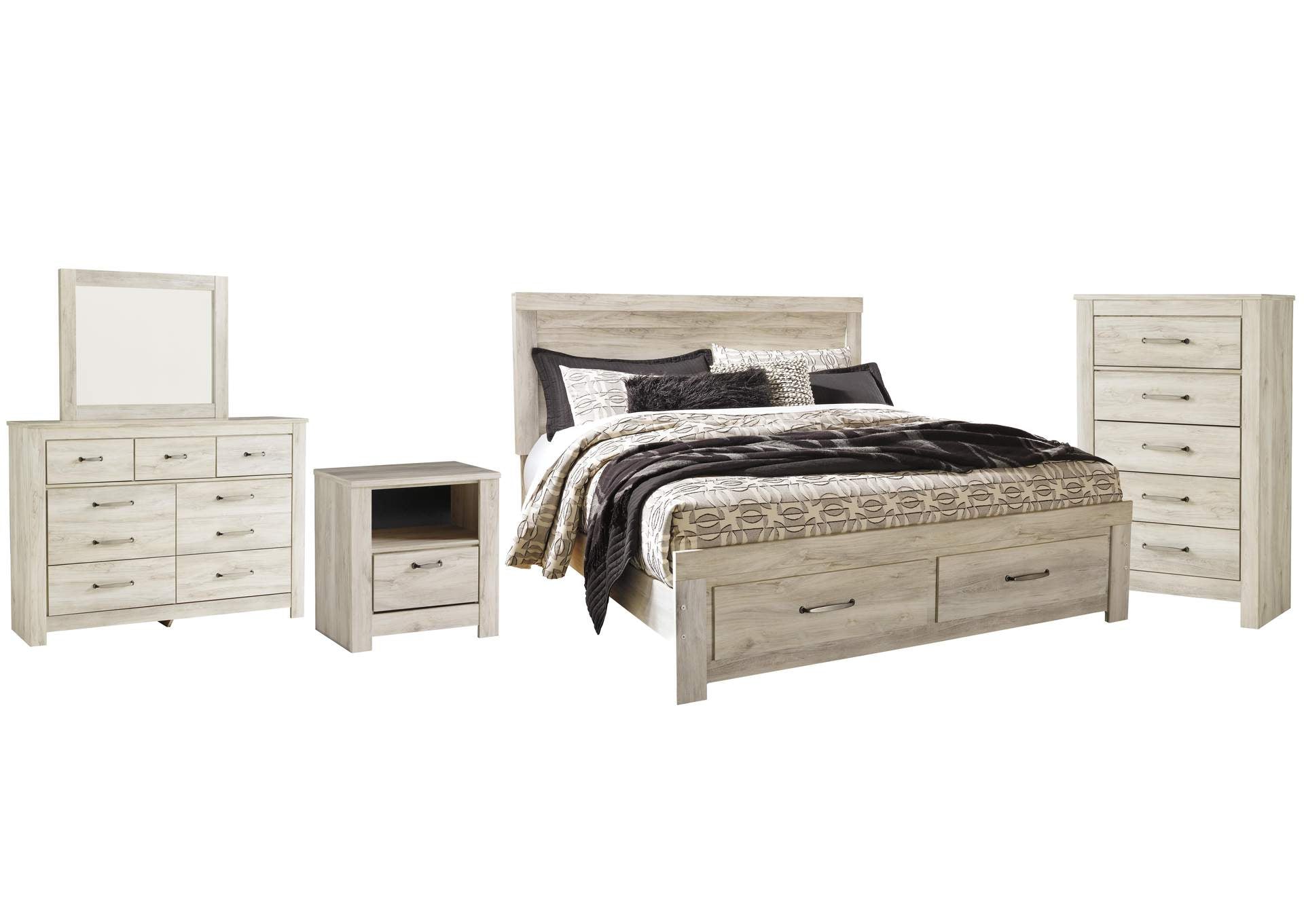 Bellaby King Platform Bed with 2 Storage Drawers with Mirrored Dresser, Chest and Nightstand