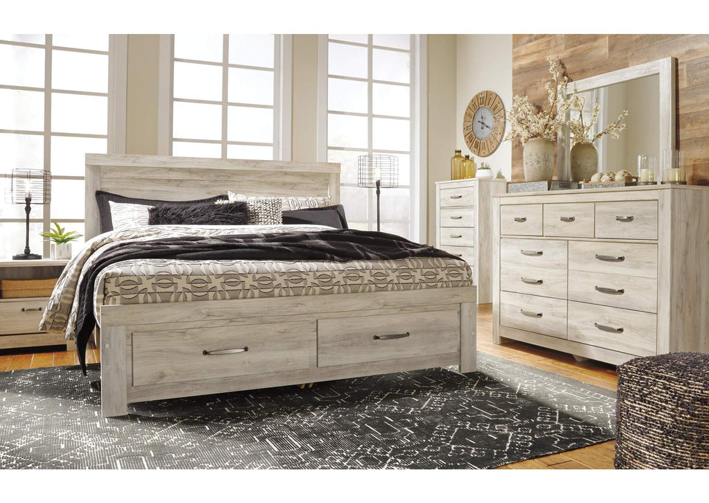 Bellaby King Panel Headboard Bed with Mirrored Dresser, Chest and Nightstand