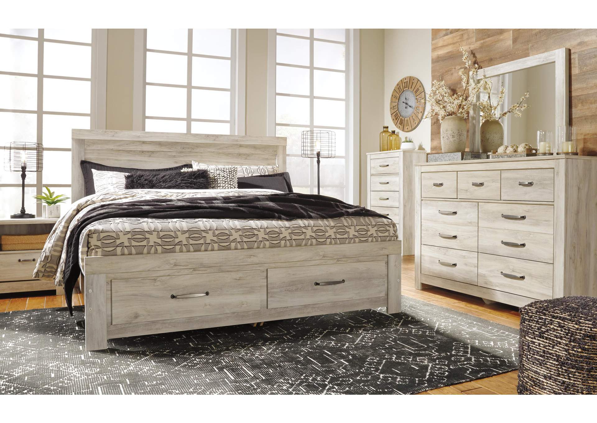 Bellaby King Panel Headboard Bed with Mirrored Dresser, Chest and Nightstand