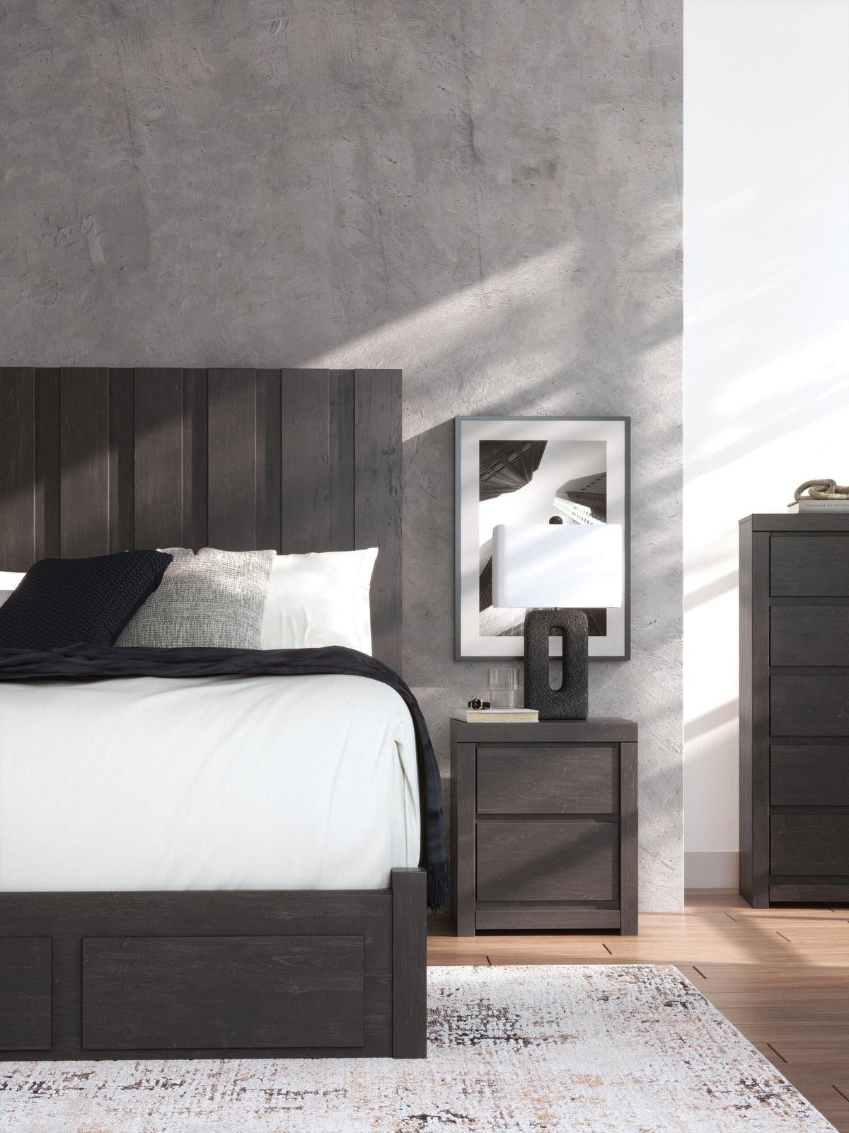 Fraluna Nightstand in Charcoal, lifestyle view