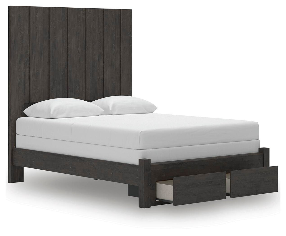Fraluna Queen Panel Storage Bed in Charcoal, open view