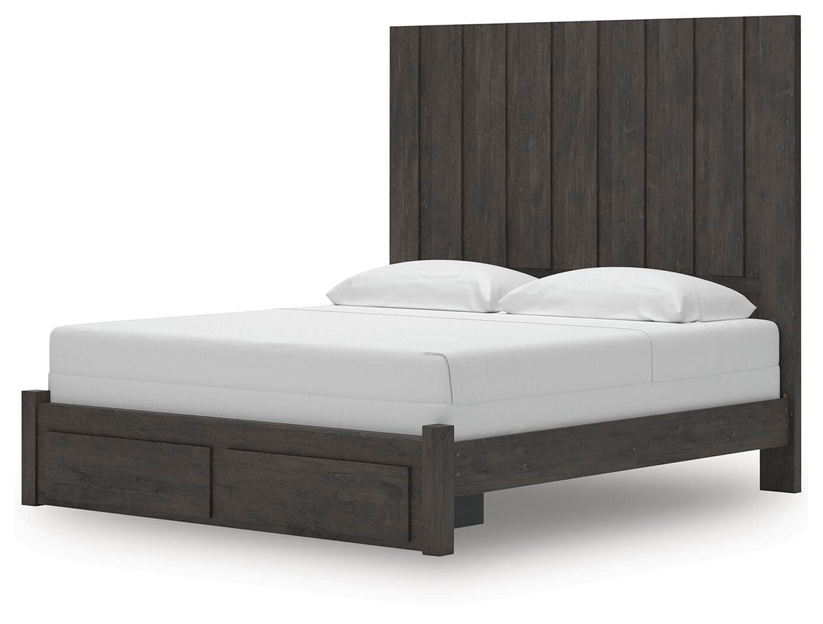 Fraluna King Panel Storage Bed in Charcoal, angle view
